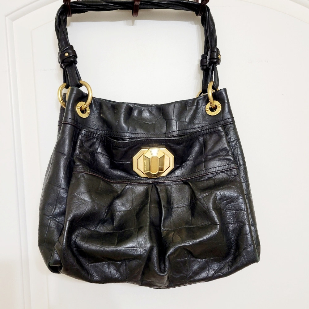 B Makowski Black Tuen Lock Embossed Leather Handbag Purse
